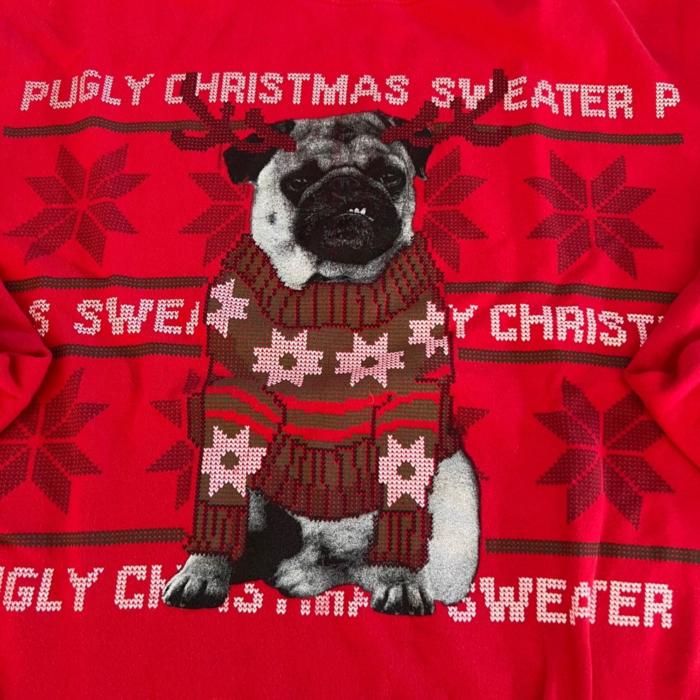 Womens‎ Red Pugly Christmas Sweater Pug Dog Holiday Crewneck Sweatshirt Top - Picture 2 of 5